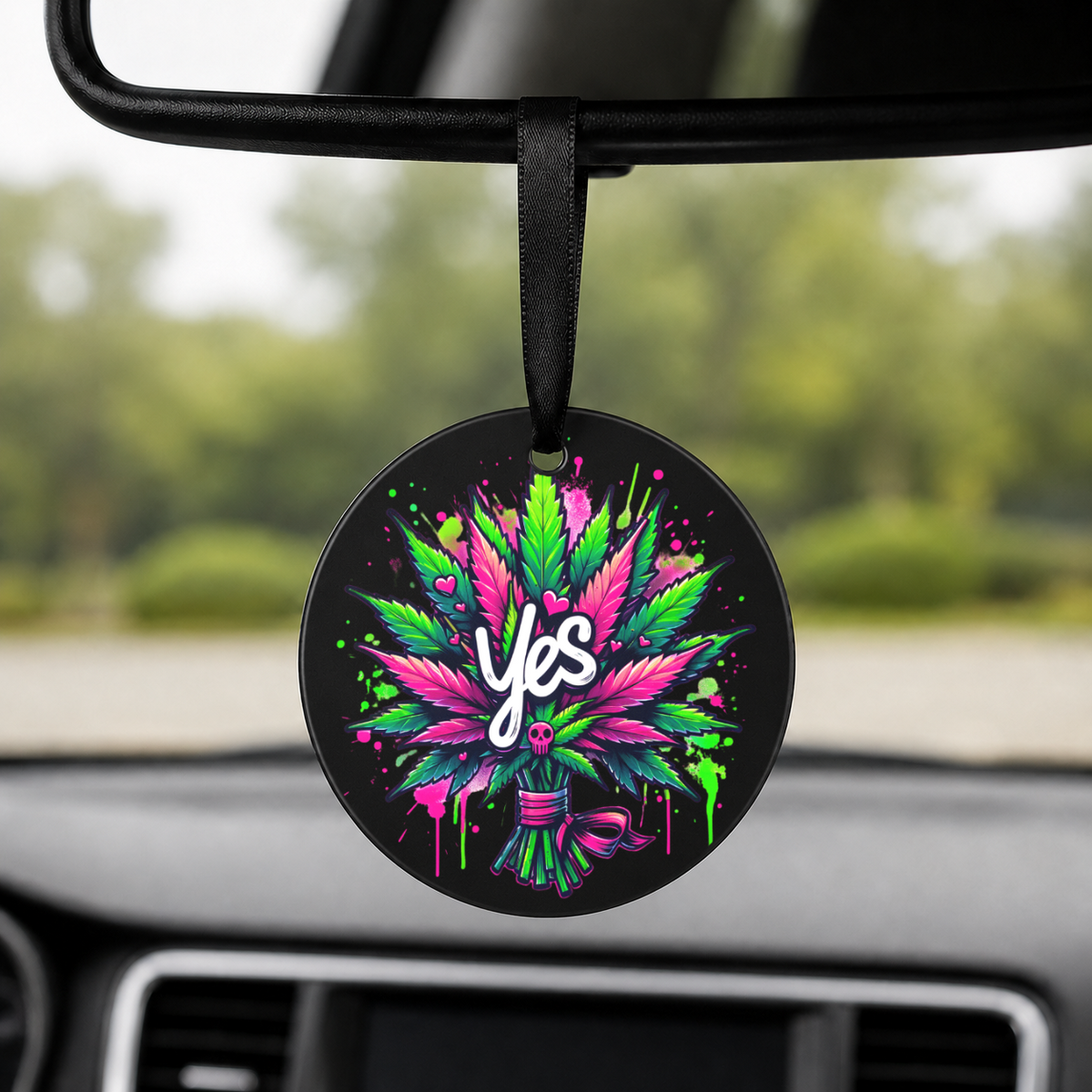 Cannabis Leaf Yes Bouquet - Round Car Charm in black