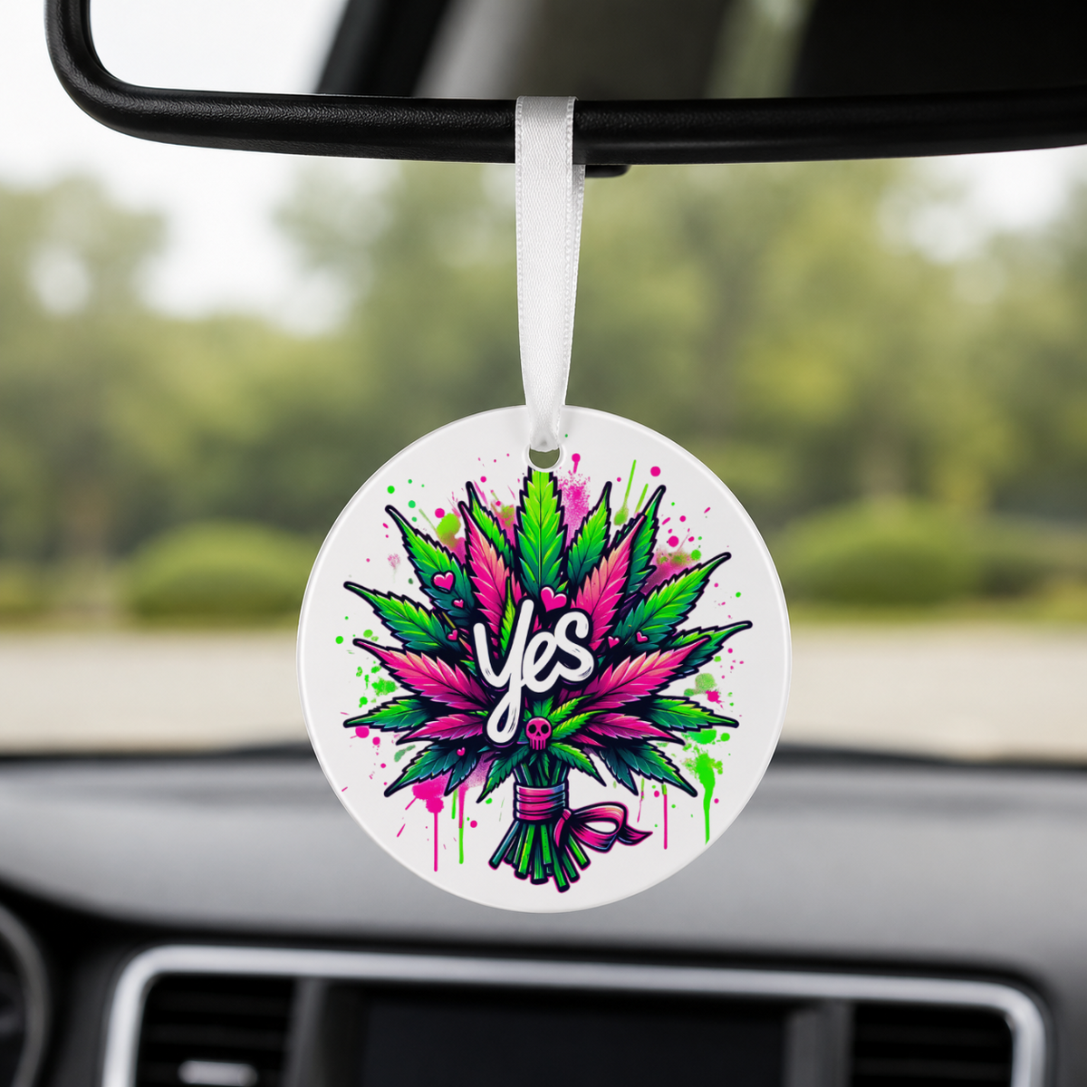 Cannabis Leaf Yes Bouquet - Round Car Charm in white