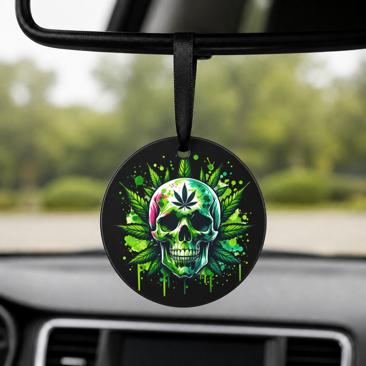 Cannabis Skull - Green Leaf - Round Car Charm in black