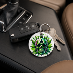 Cannabis Skull - Green Leaf - Keychain in white