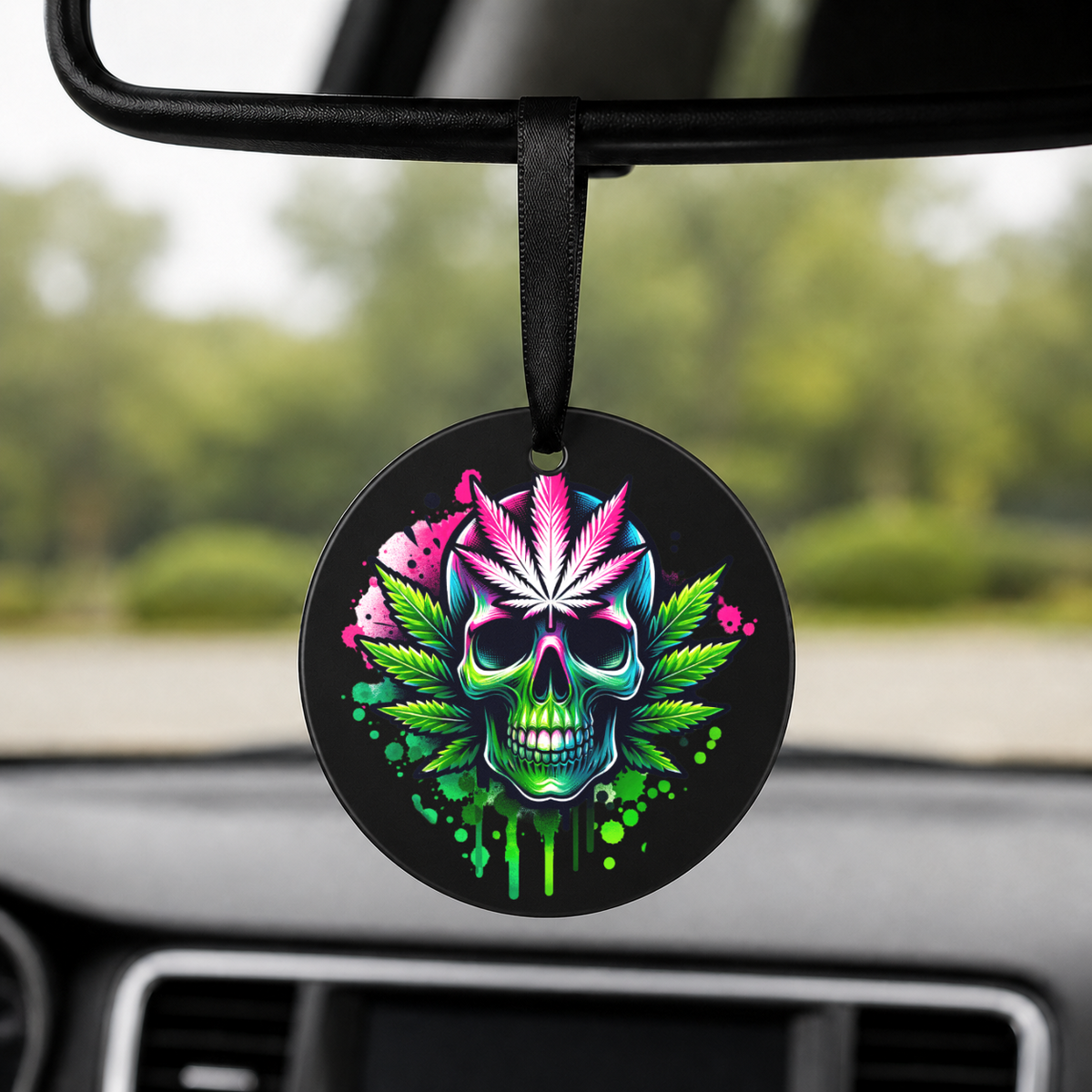 Cannabis Skull - Green Pink Leaf - Round Car Charm in black