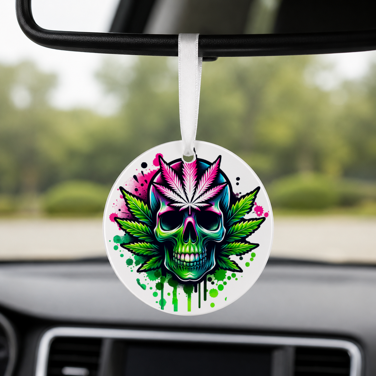 Cannabis Skull - Green Pink Leaf - Round Car Charm in white
