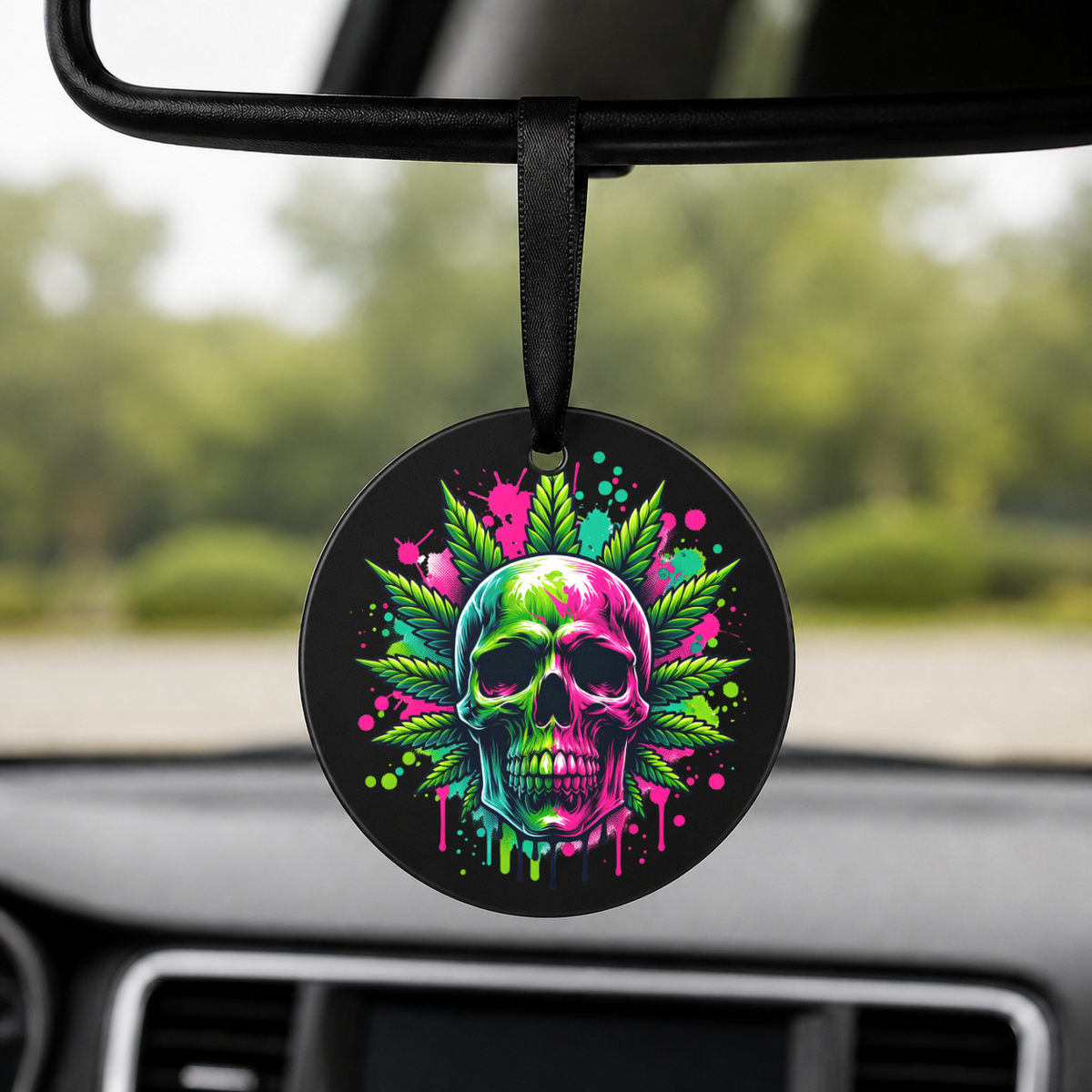 Cannabis Skull - Pink Green - Round Car Charm in black