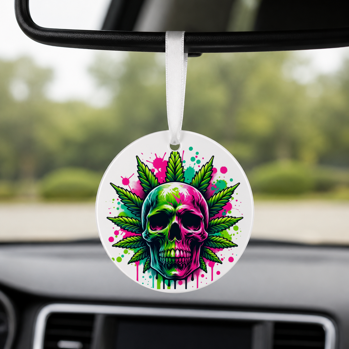 Cannabis Skull - Pink Green - Round Car Charm in white