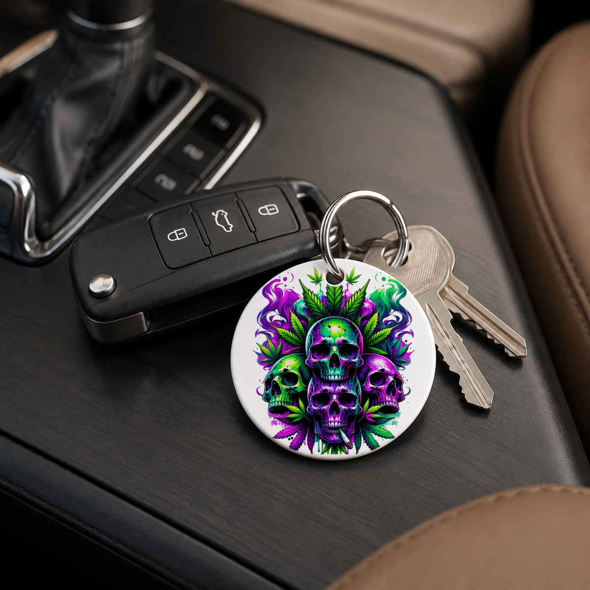 Cannabis Skull - Rainbow Bouquet Cannabis - Keychain in white