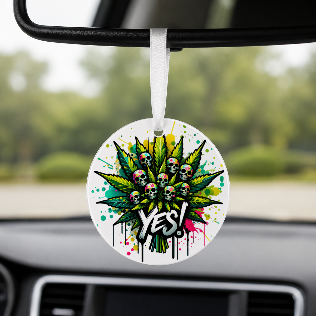 Cannabis Skull - Smoke Text - Round Car Charm in white