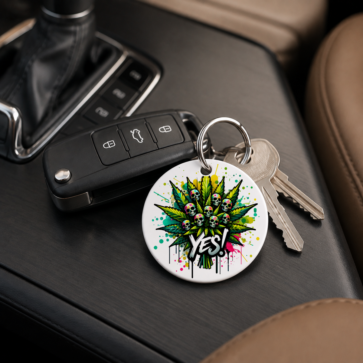 Cannabis Skull - Smoke Text - Keychain in white