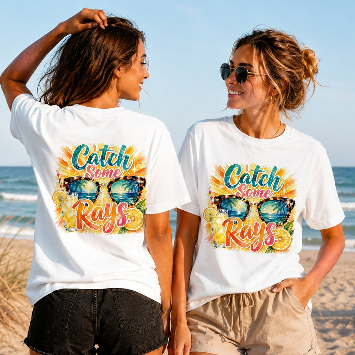 Catch Some Rays - Women's T-Shirt in white, showing alternative back and front print placements on the beach