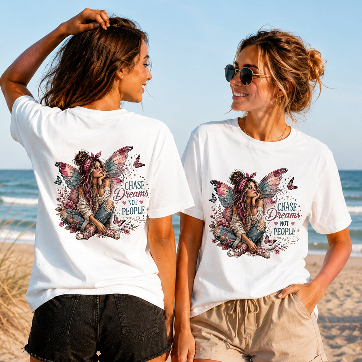 Chase Dreams - Butterfly Fairy - Women's T-Shirt in white, showing alternative back and front print placements on the beach