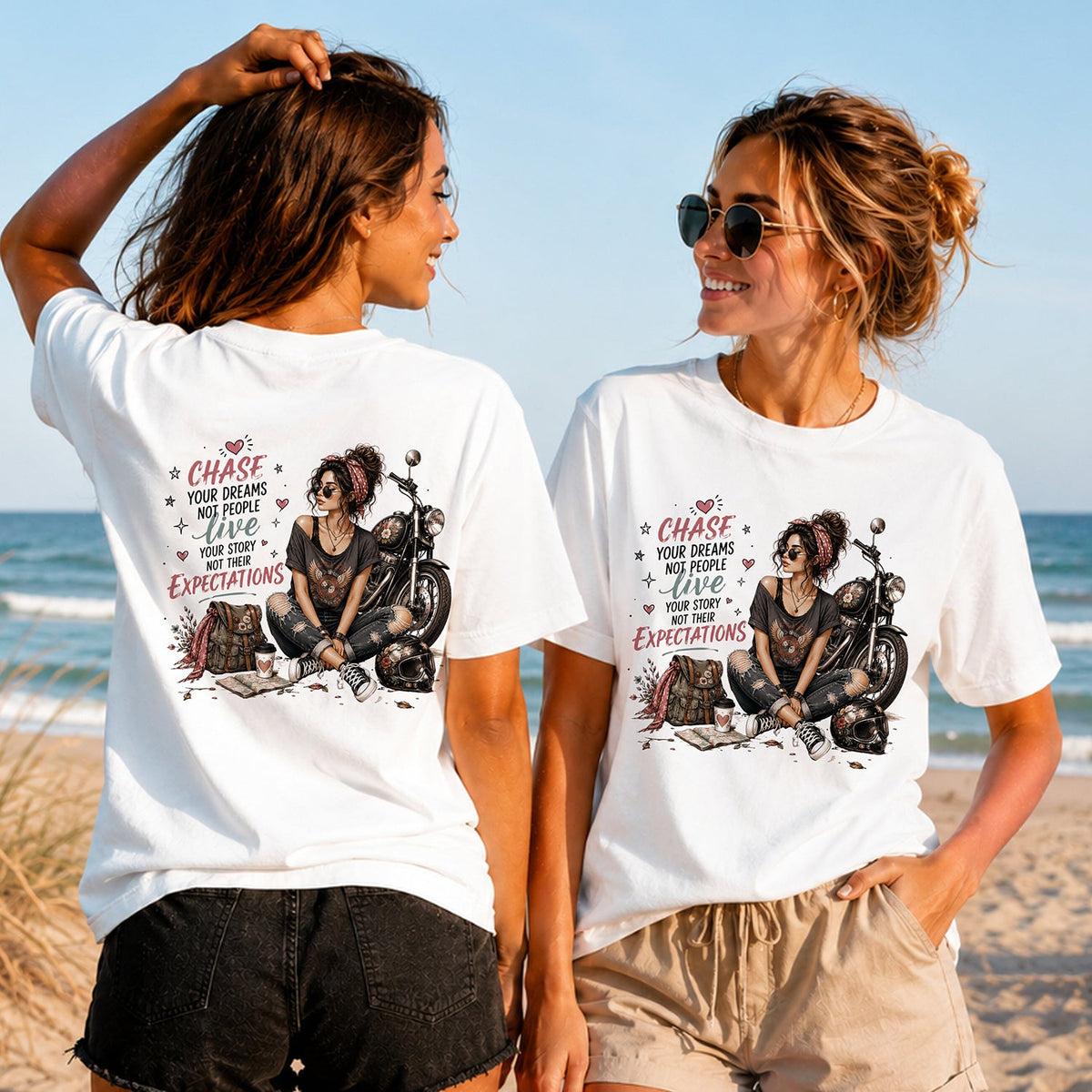 Chase Dreams - Motorcycle Soul - Women's T-Shirt in white, showing alternative back and front print placements on the beach
