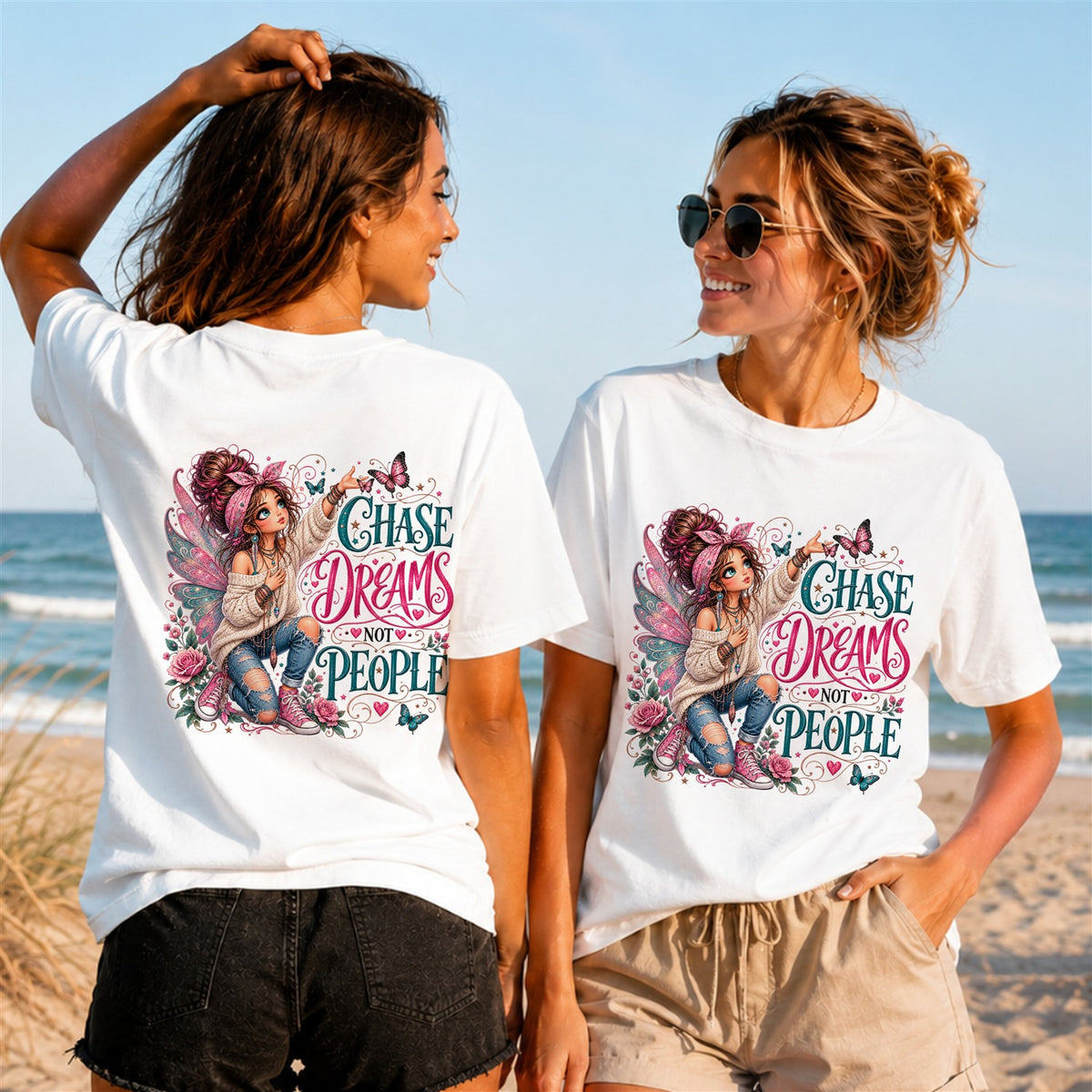 Chase Dreams Not People Girl Quote - Women's T-Shirt in white, showing front and back print placement choices