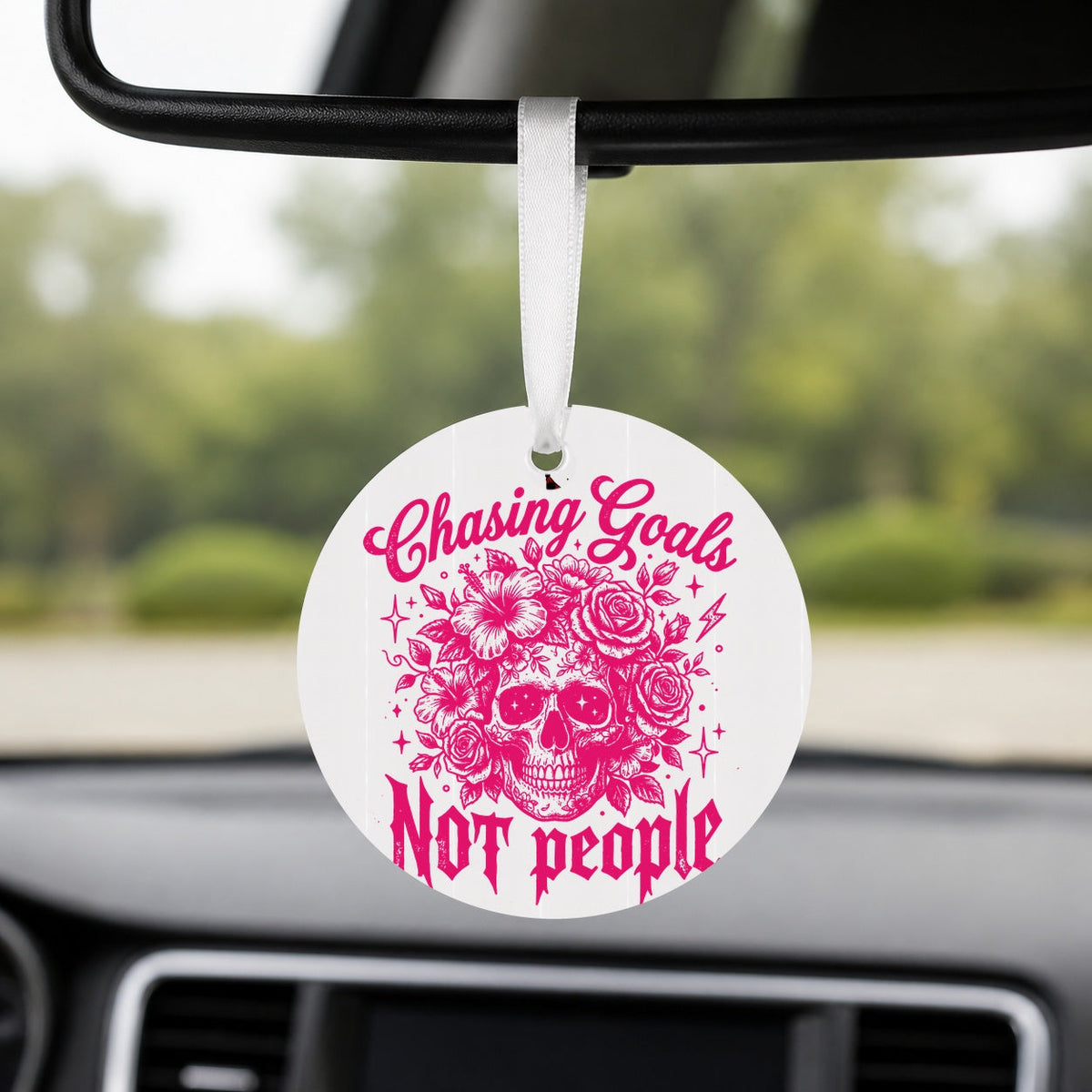 Chasing Goals - Pink Skull - Round Car Charm in white