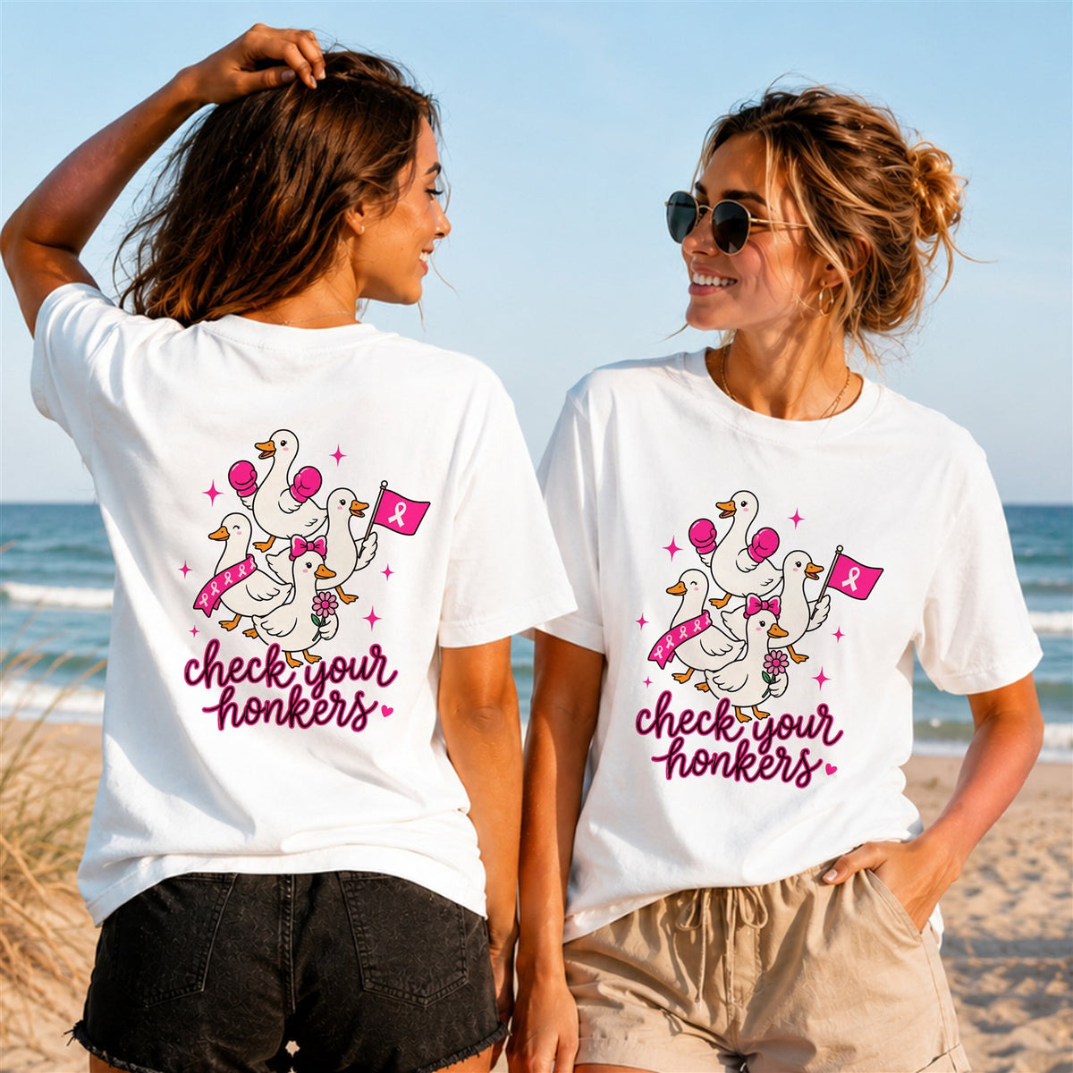 Check Your Honkers Geese 1 - Women's T-Shirt in white, showing front and back print placement choices