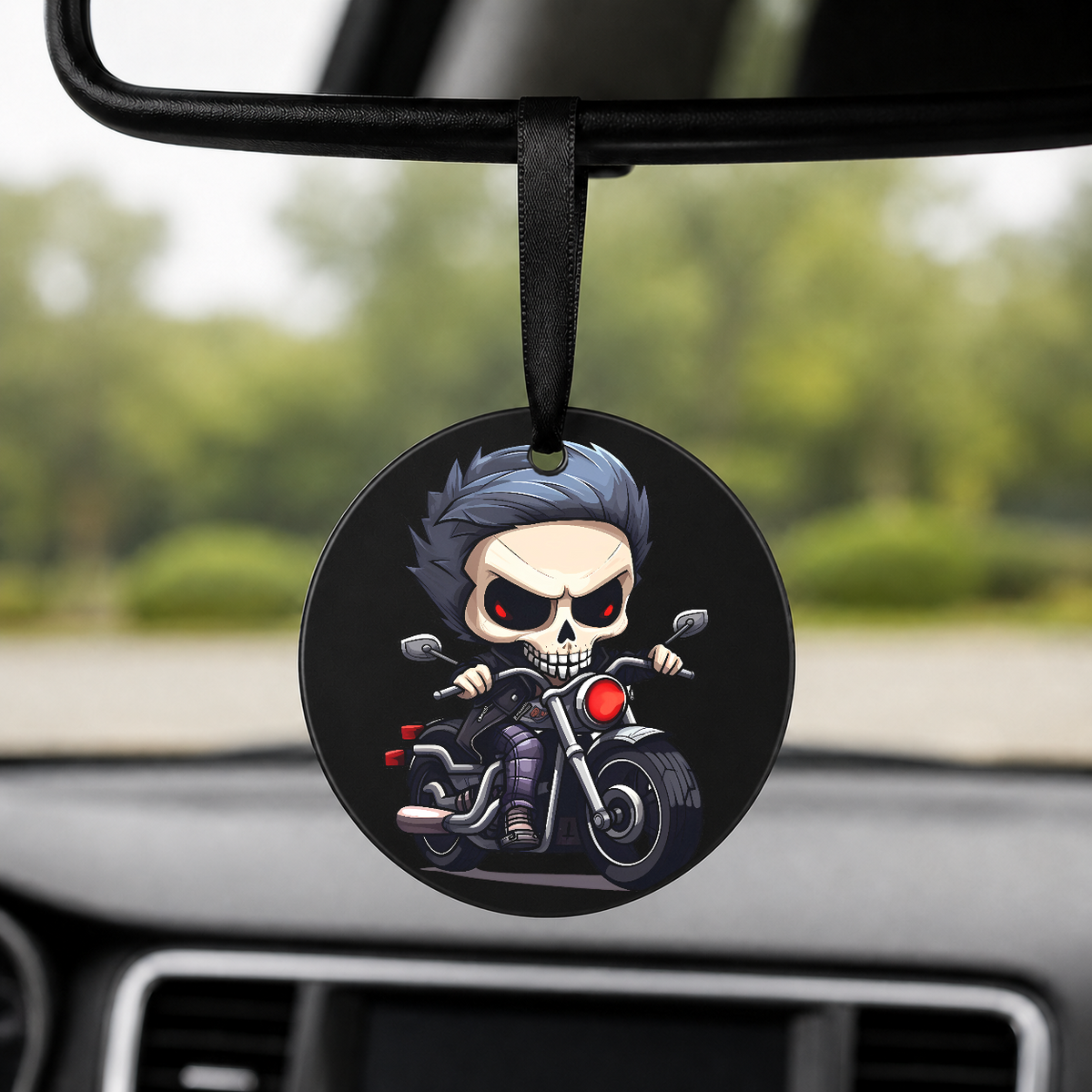 Chibi Skeleton Biker - BMX Bike - Round Car Charm in black