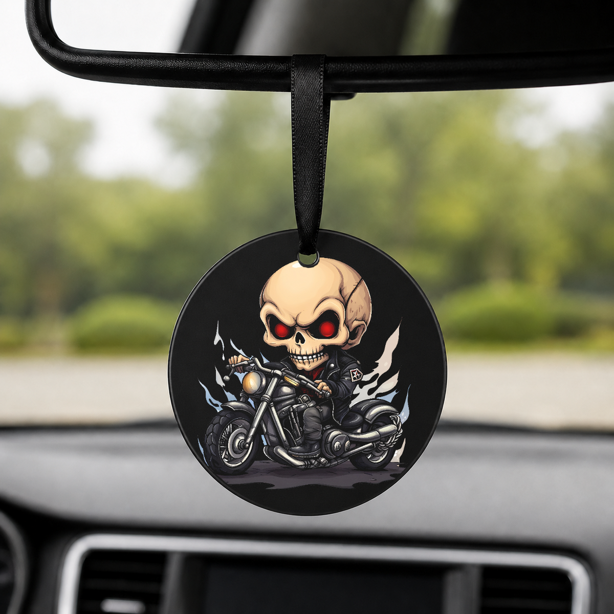 Chibi Skeleton Biker - Bald Red Eyes - Round Car Charm in black