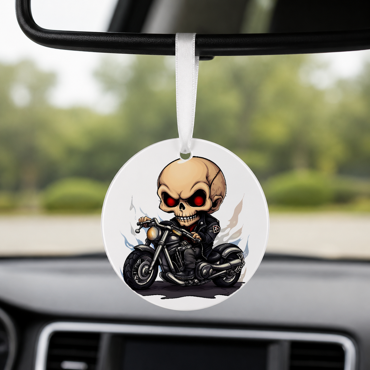 Chibi Skeleton Biker - Bald Red Eyes - Round Car Charm in white