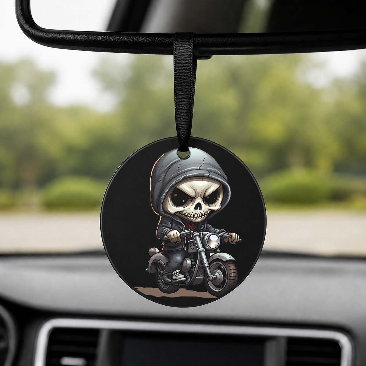 Chibi Skeleton Biker - Black Hair - Round Car Charm in black