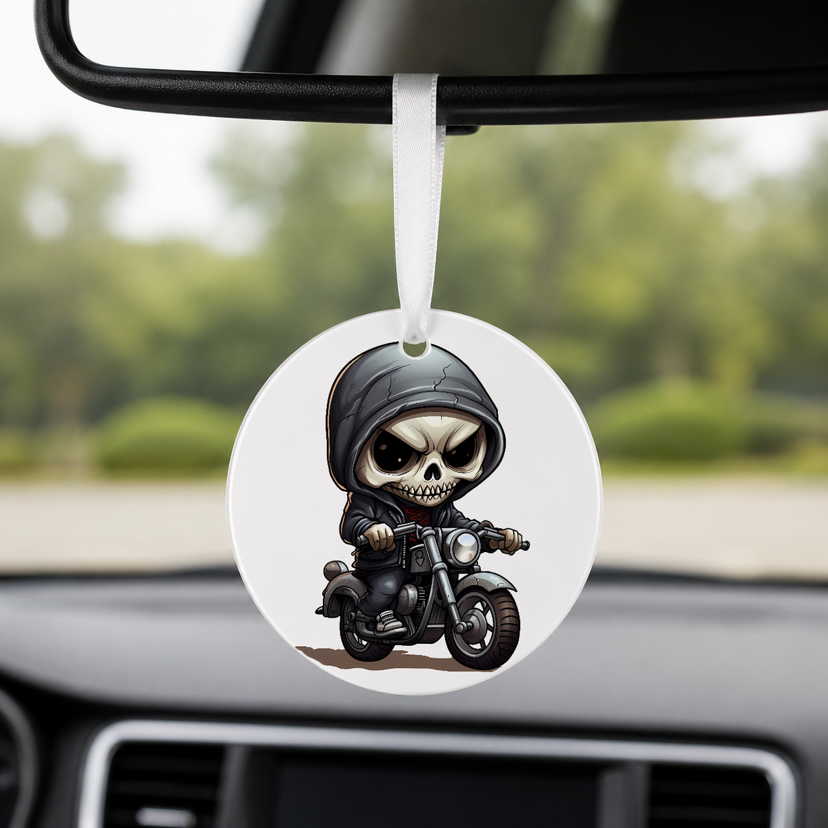 Chibi Skeleton Biker - Black Hair - Round Car Charm in white