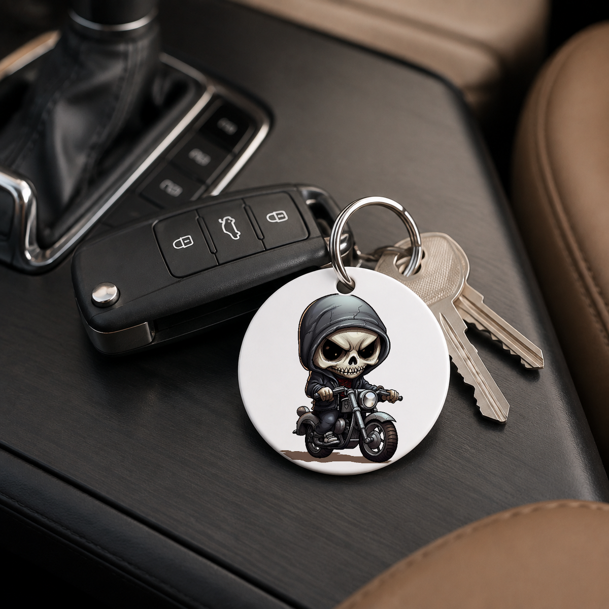 Chibi Skeleton Biker - Black Hair - Keychain in white