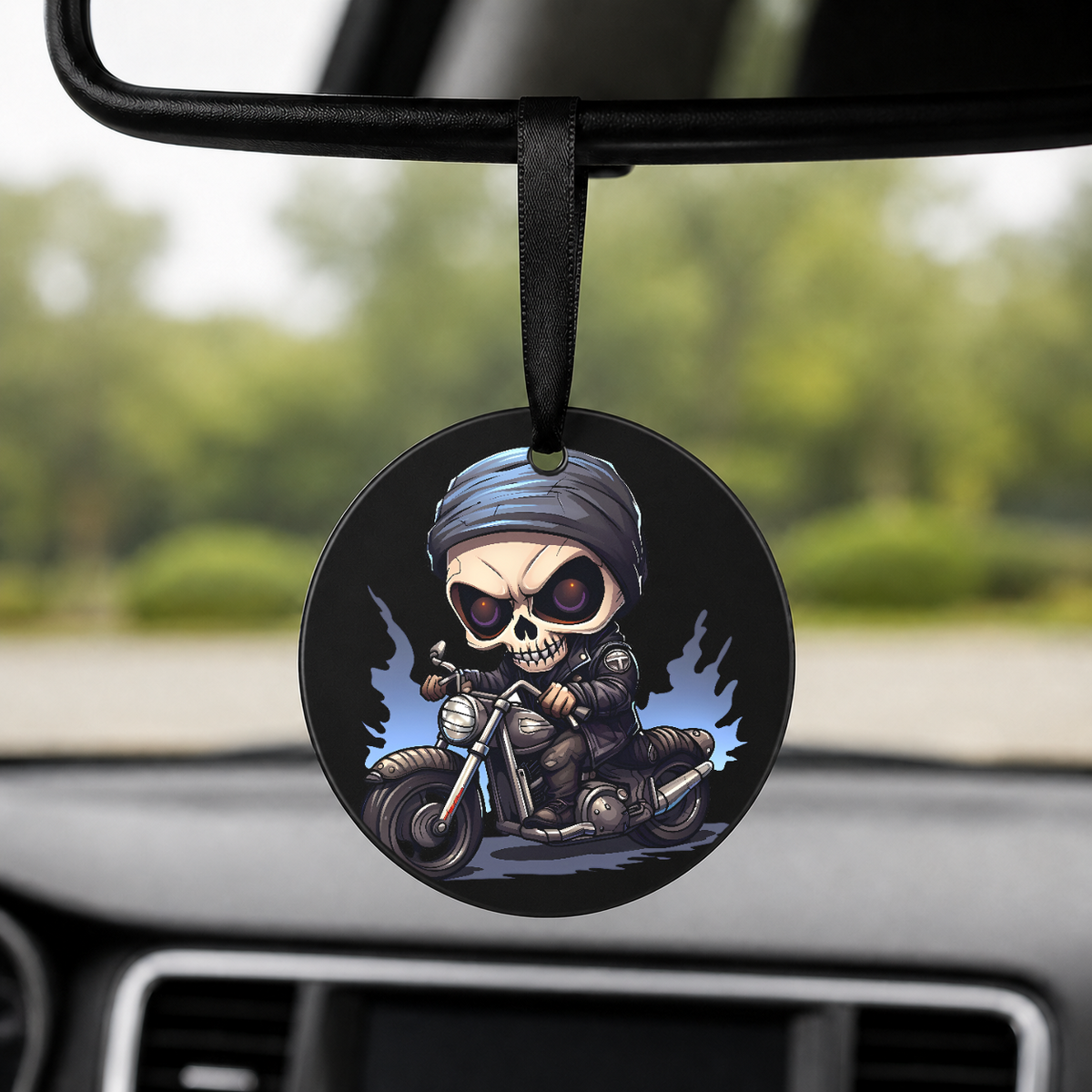Chibi Skeleton Biker - Blue Flame - Round Car Charm in black