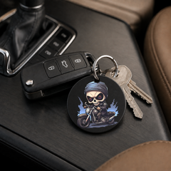 Chibi Skeleton Biker - Blue Flame - Keychain in black