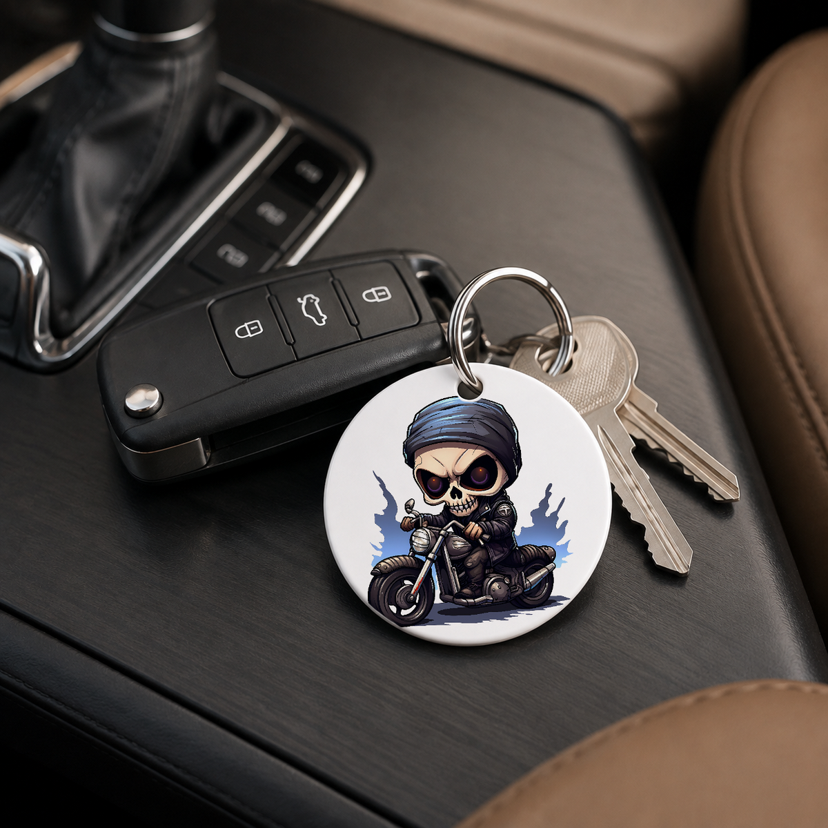 Chibi Skeleton Biker - Blue Flame - Keychain in white