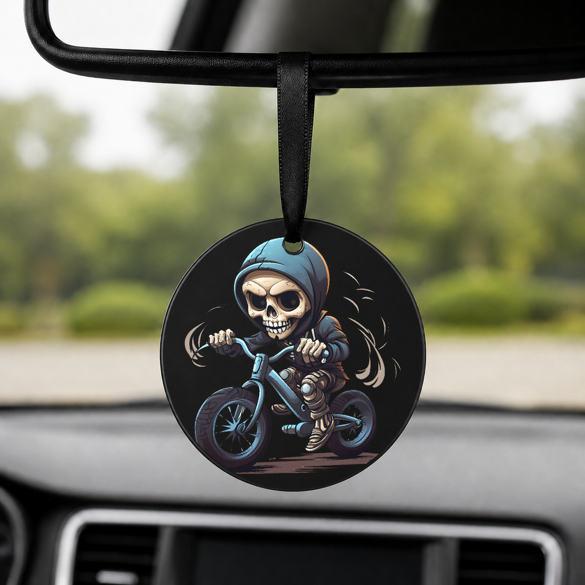 Chibi Skeleton Biker - Blue Hood - Round Car Charm in black