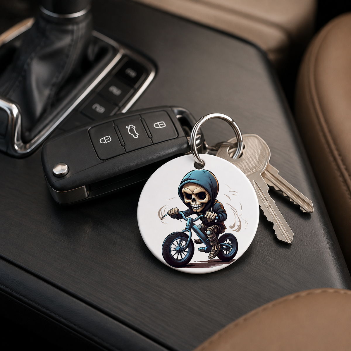 Chibi Skeleton Biker - Blue Hood - Keychain in white