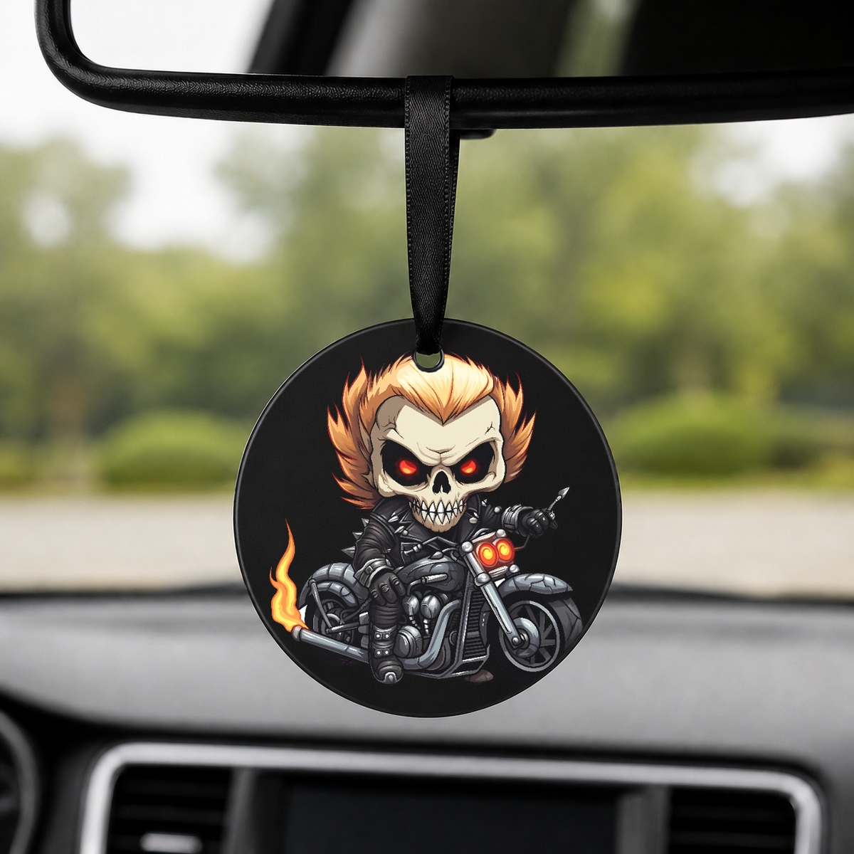Chibi Skeleton Biker - Flaming Skull - Round Car Charm in black