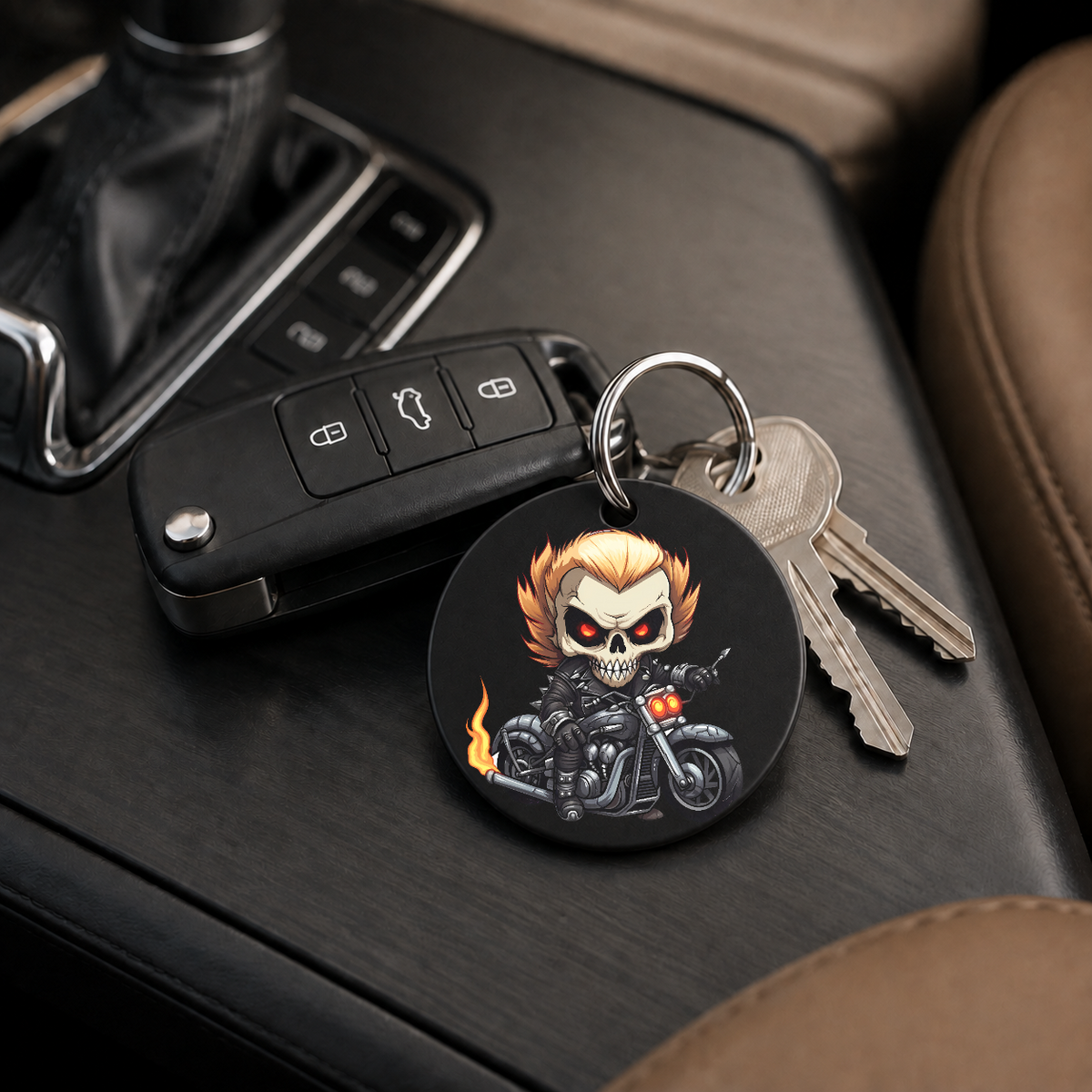 Chibi Skeleton Biker - Flaming Skull - Keychain in black