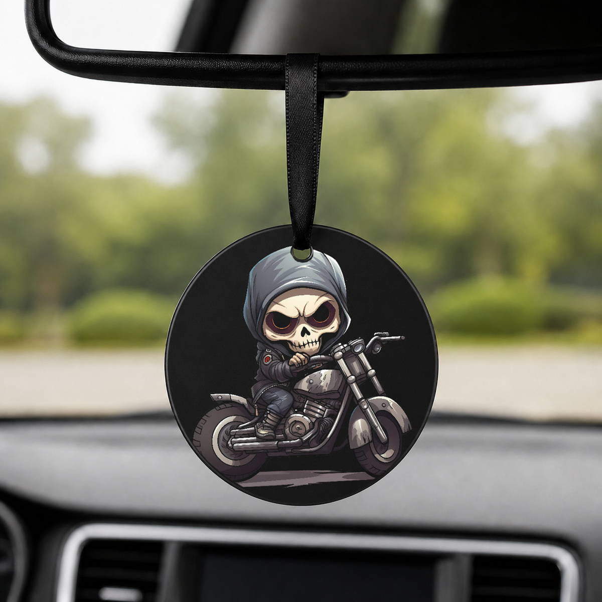 Chibi Skeleton Biker - Grey Hood - Round Car Charm in black