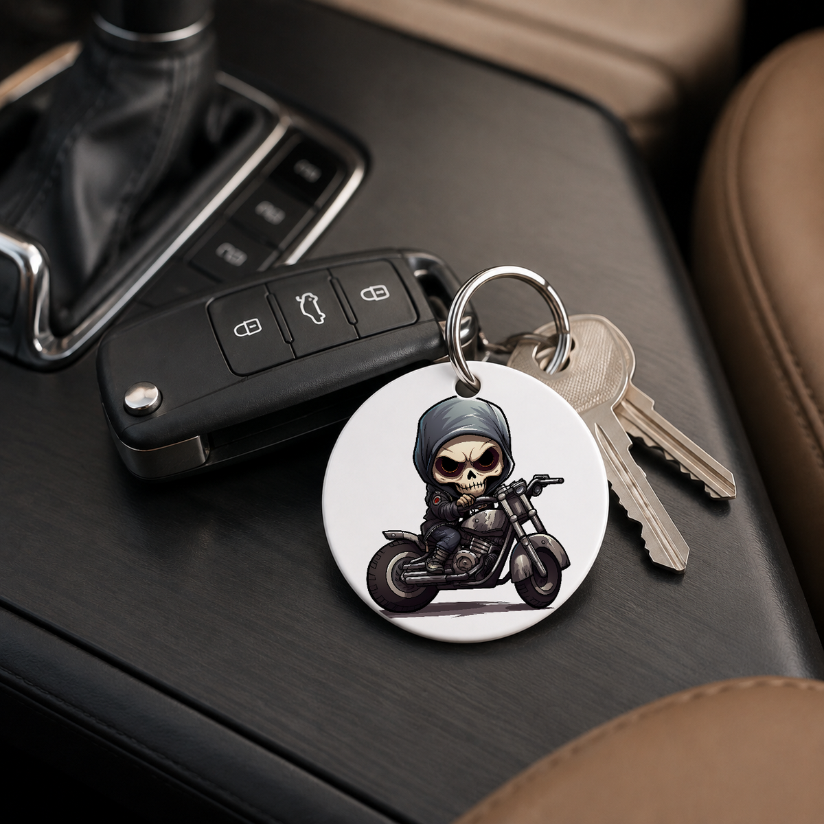 Chibi Skeleton Biker - Grey Hood - Keychain in white