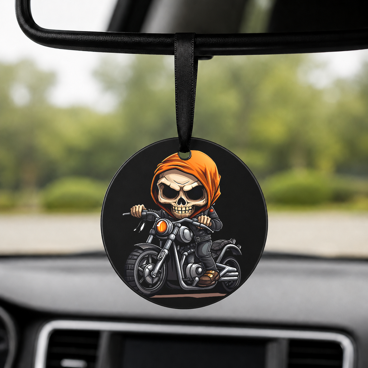Chibi Skeleton Biker - Orange Bandana - Round Car Charm in black