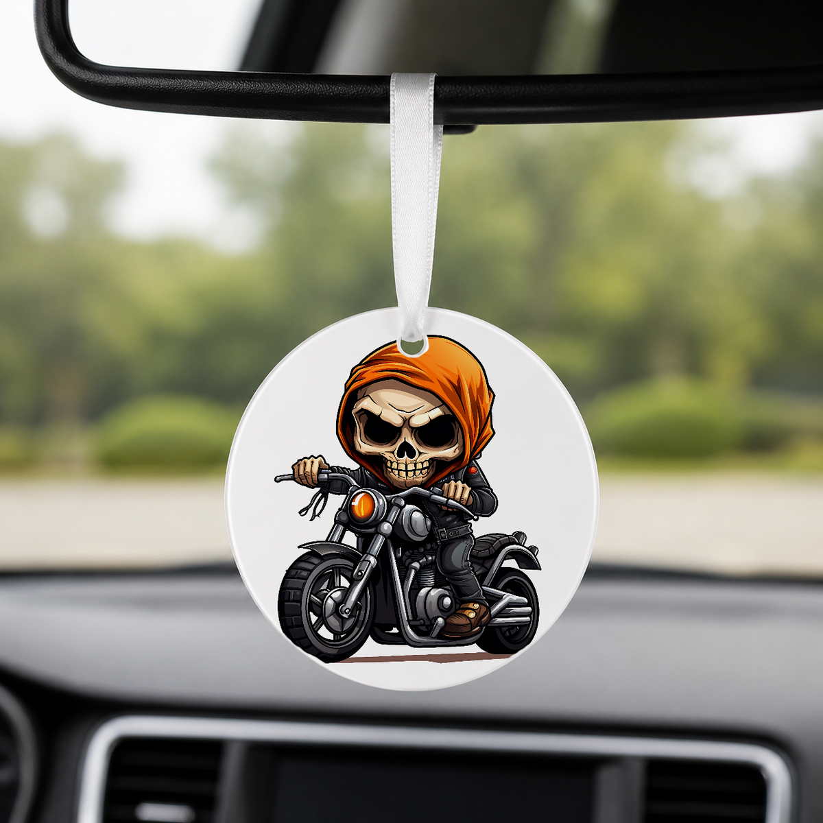 Chibi Skeleton Biker - Orange Bandana - Round Car Charm in white