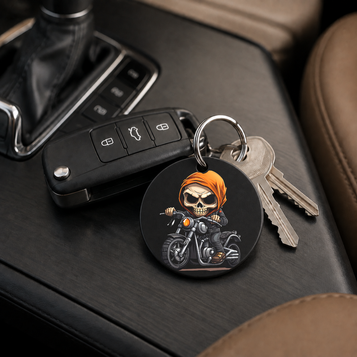 Chibi Skeleton Biker - Orange Bandana - Keychain in black