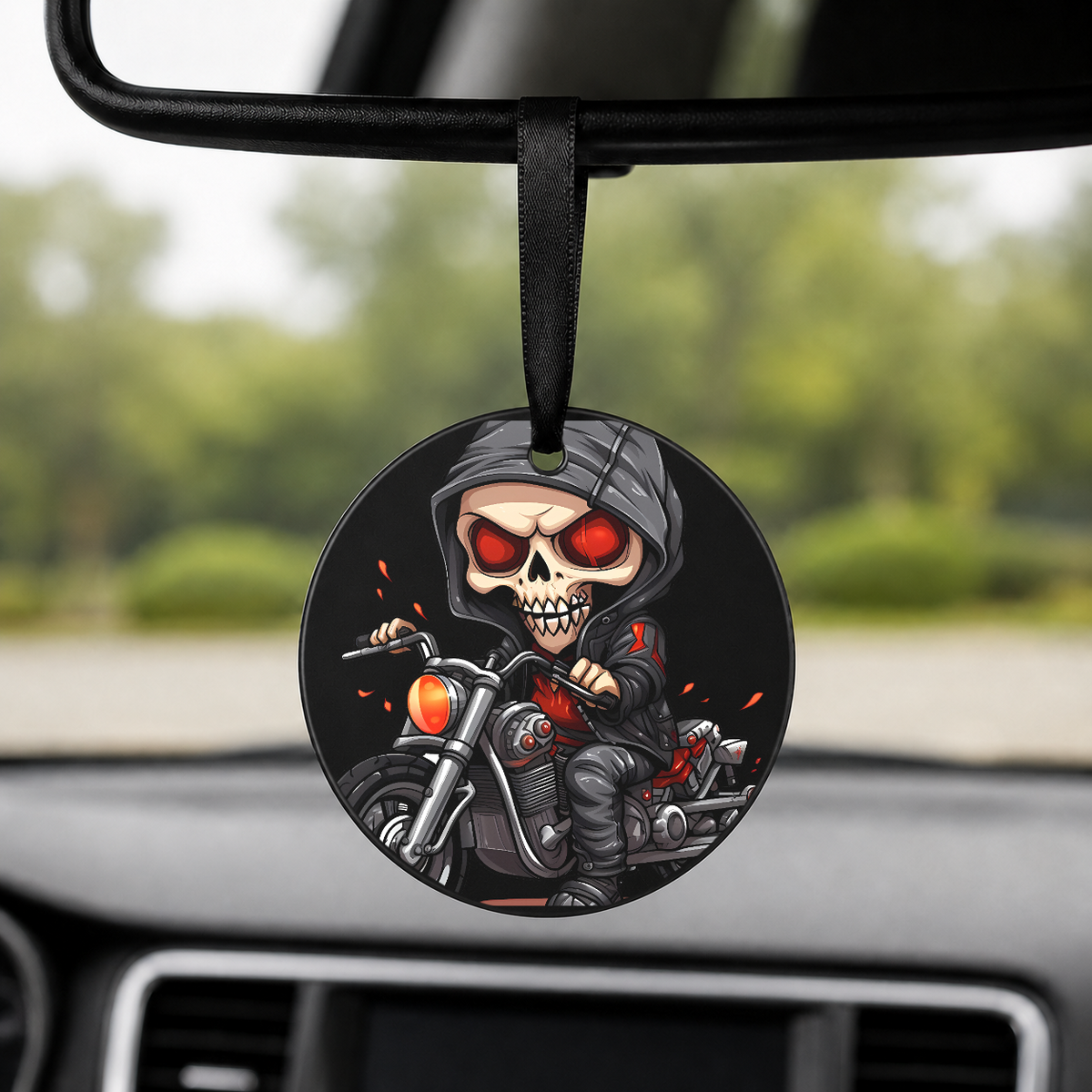 Chibi Skeleton Biker - Red Eyes Hood - Round Car Charm in black