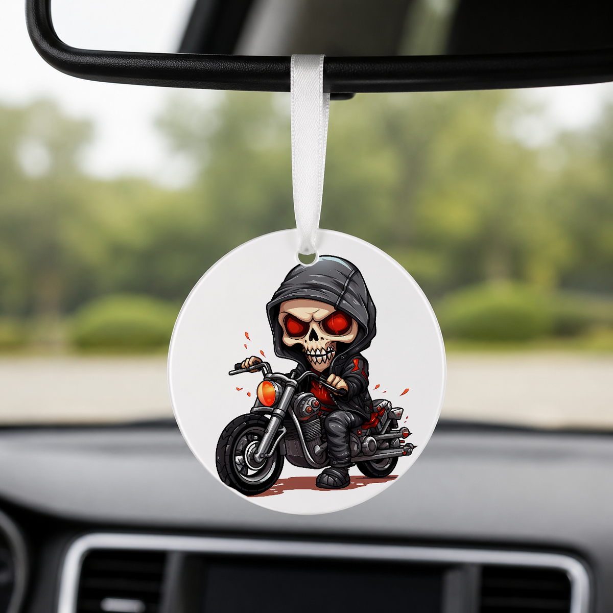 Chibi Skeleton Biker - Red Eyes Hood - Round Car Charm in white
