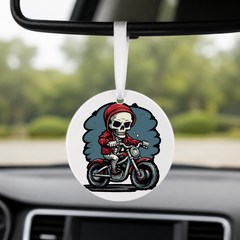 Chibi Skeleton Biker - Red Hood - Round Car Charm in white