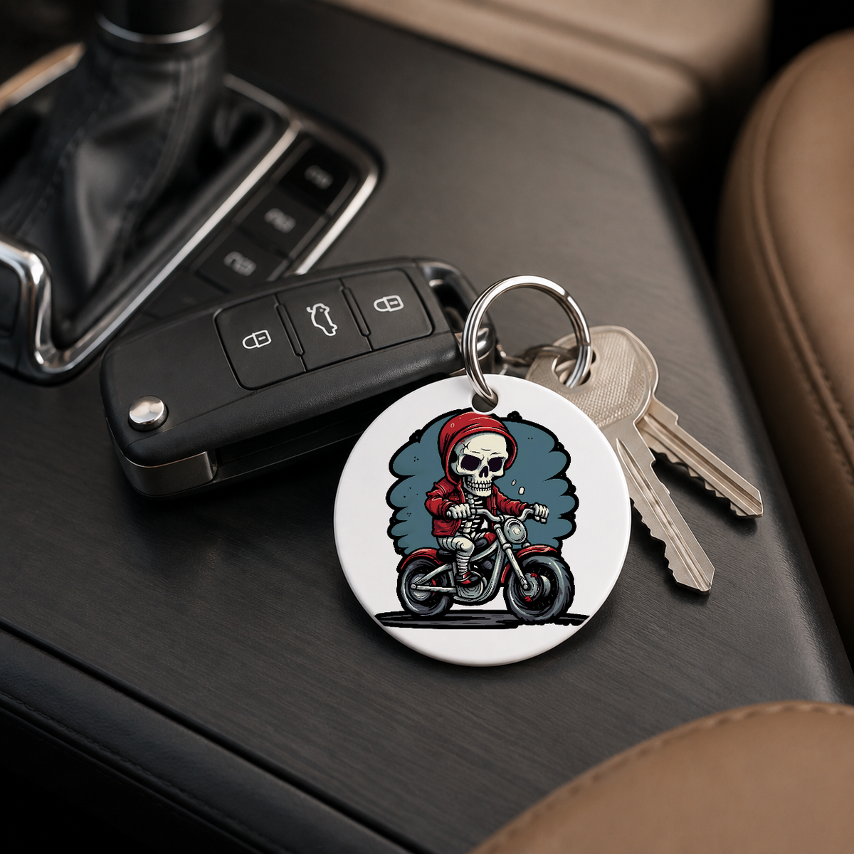 Chibi Skeleton Biker - Red Hood - Keychain in white