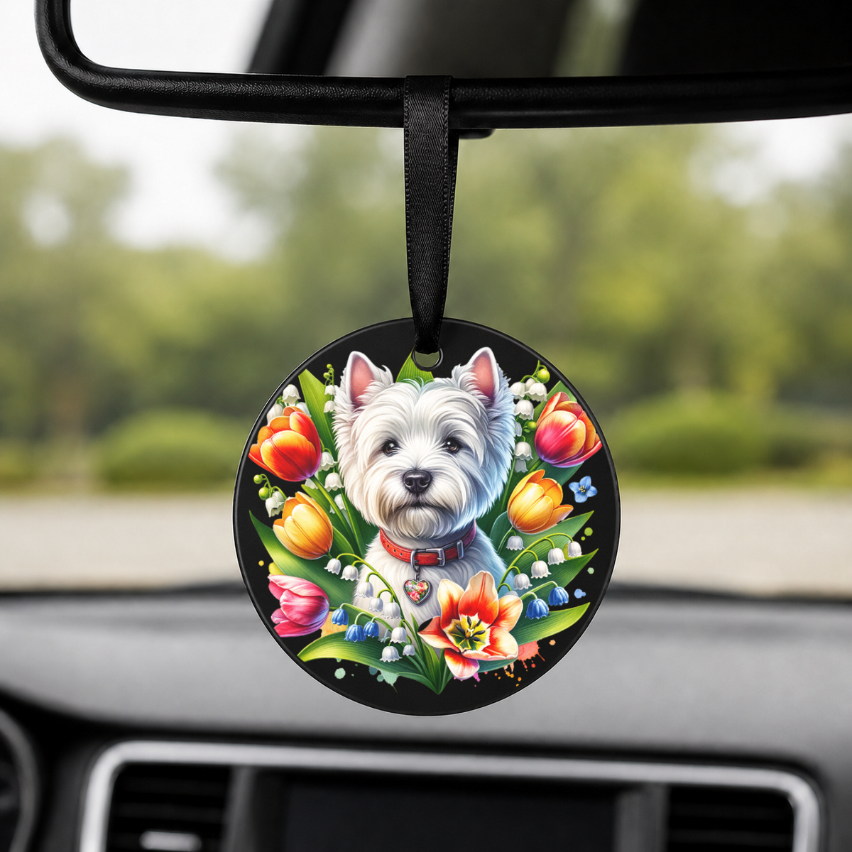 Chihuahua With Tulips - Round Car Charm in black