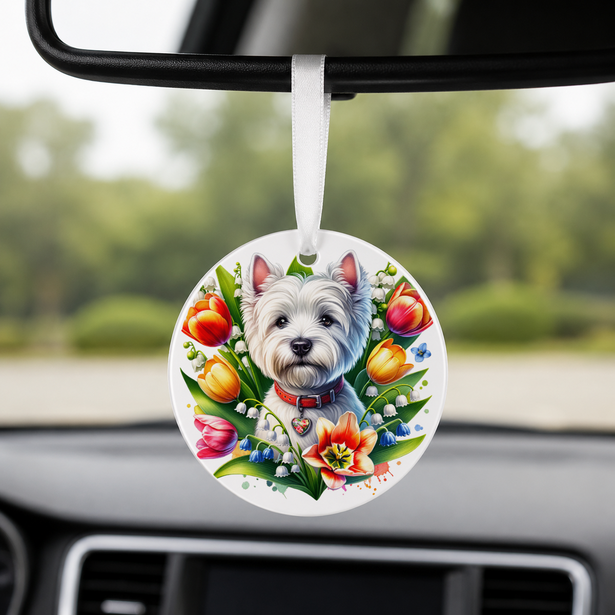 Chihuahua With Tulips - Round Car Charm in white