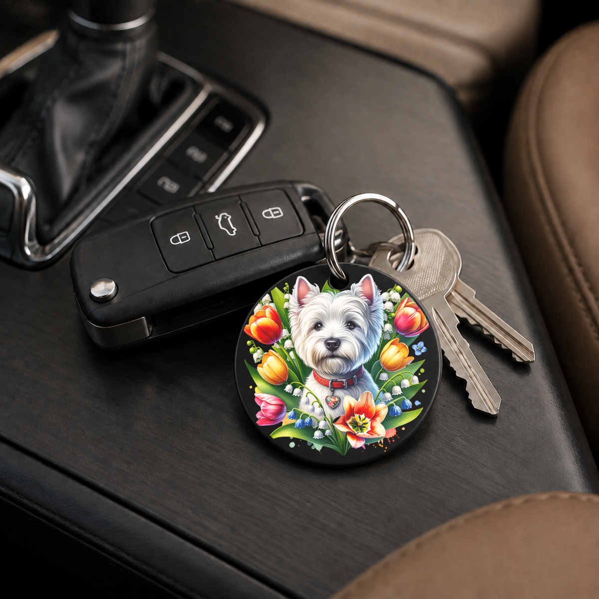 Chihuahua With Tulips - Keychain in black