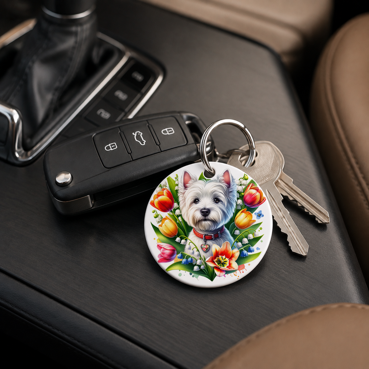 Chihuahua With Tulips - Keychain in white