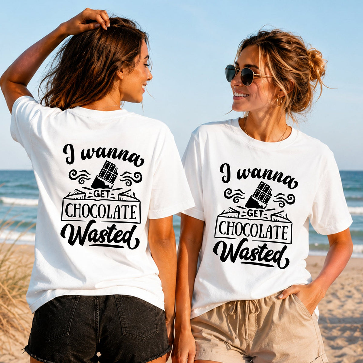 Chocolate Wasted - Women's T-Shirt in white, showing alternative back and front print placements on the beach