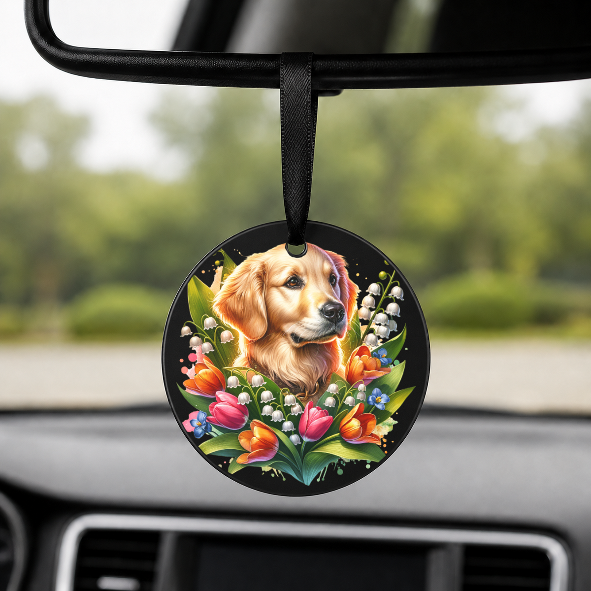 Cocker Spaniel With Tulips - Round Car Charm in black