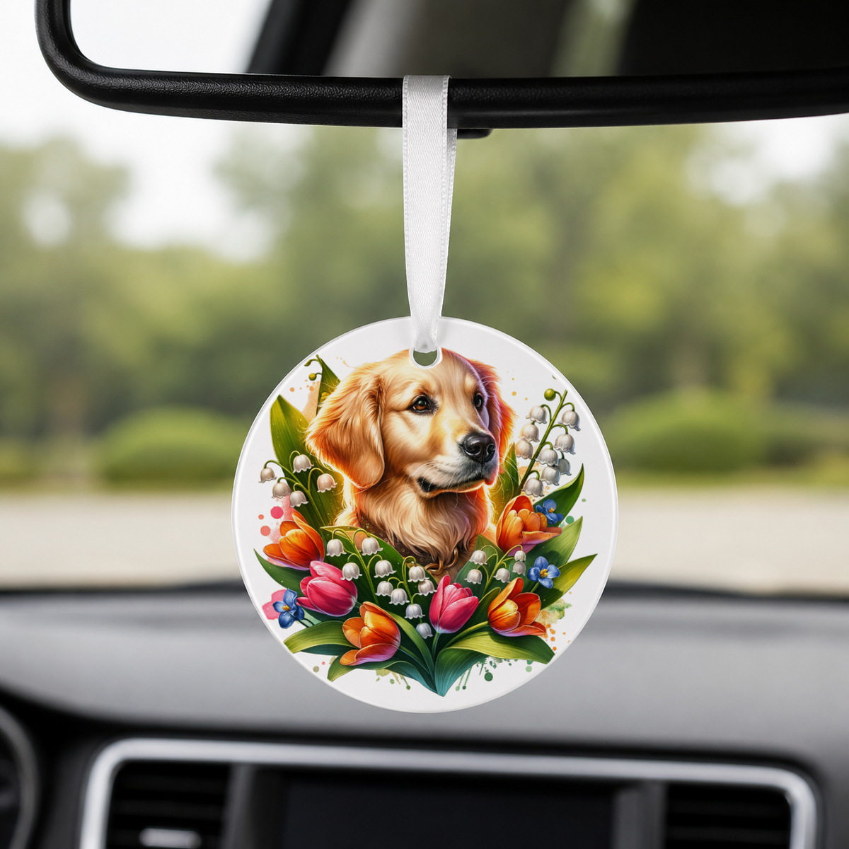 Cocker Spaniel With Tulips - Round Car Charm in white