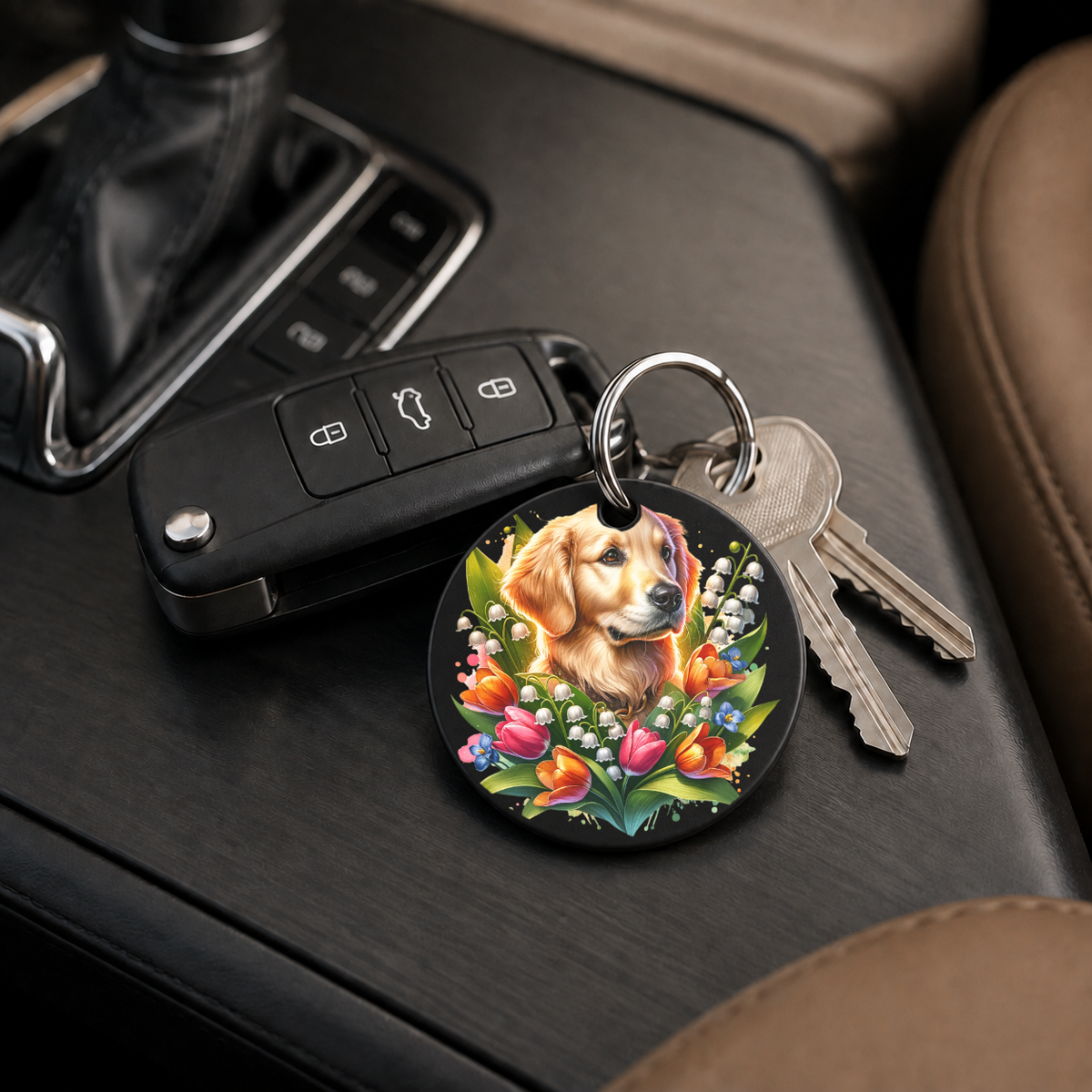 Cocker Spaniel With Tulips - Keychain in black
