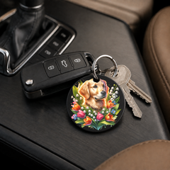 Cocker Spaniel With Tulips - Keychain in black