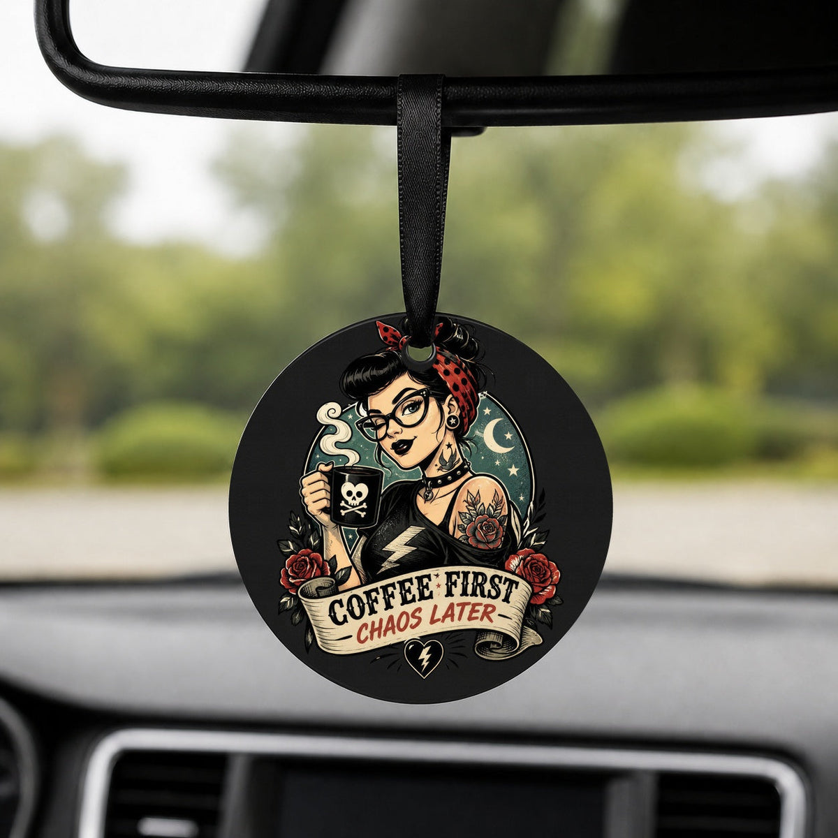 Coffee First Chaos Later - Round Car Charm in black