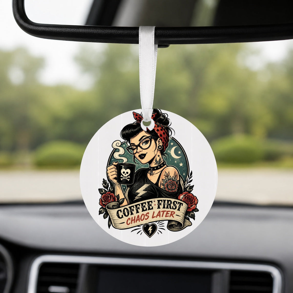 Coffee First Chaos Later - Round Car Charm in white